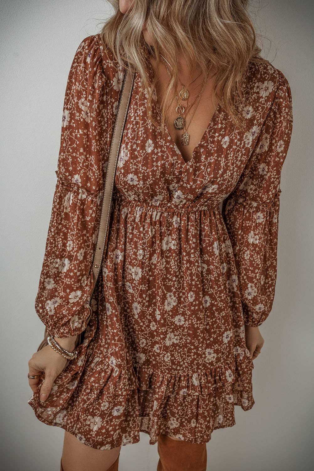 Brown Ashley Boho Floral Puff Sleeve Mini Dress for wholesale on Faire