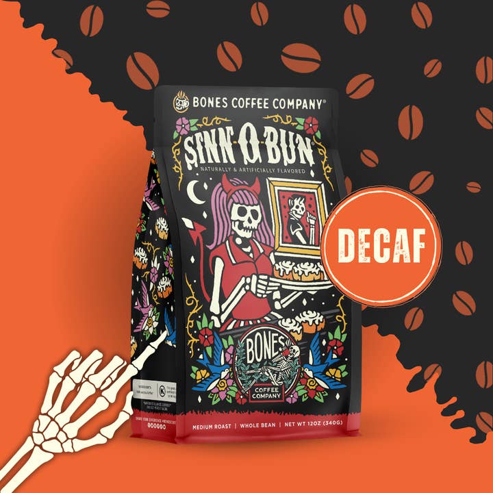 Bones Coffee Company - Wholesale Ground Coffee - Decaf Sinn-O-Bun Coffee | 12oz | Whole Bean & Ground