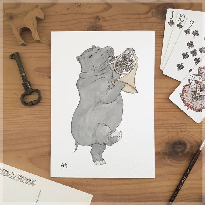 The Hippo & Her French Horn - A5 Art Print for wholesale by Erlenmeyer Art