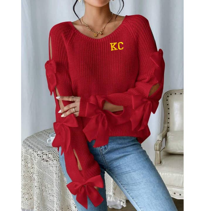 KC Embroidered Red Bow Sweater, Kansas City for wholesale by Elby Designs Apparel