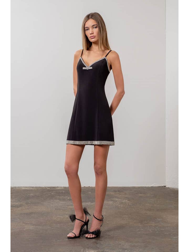 BLACK RHINESTONE TRIM BOW DETAIL MINI DRESS for wholesale on Faire