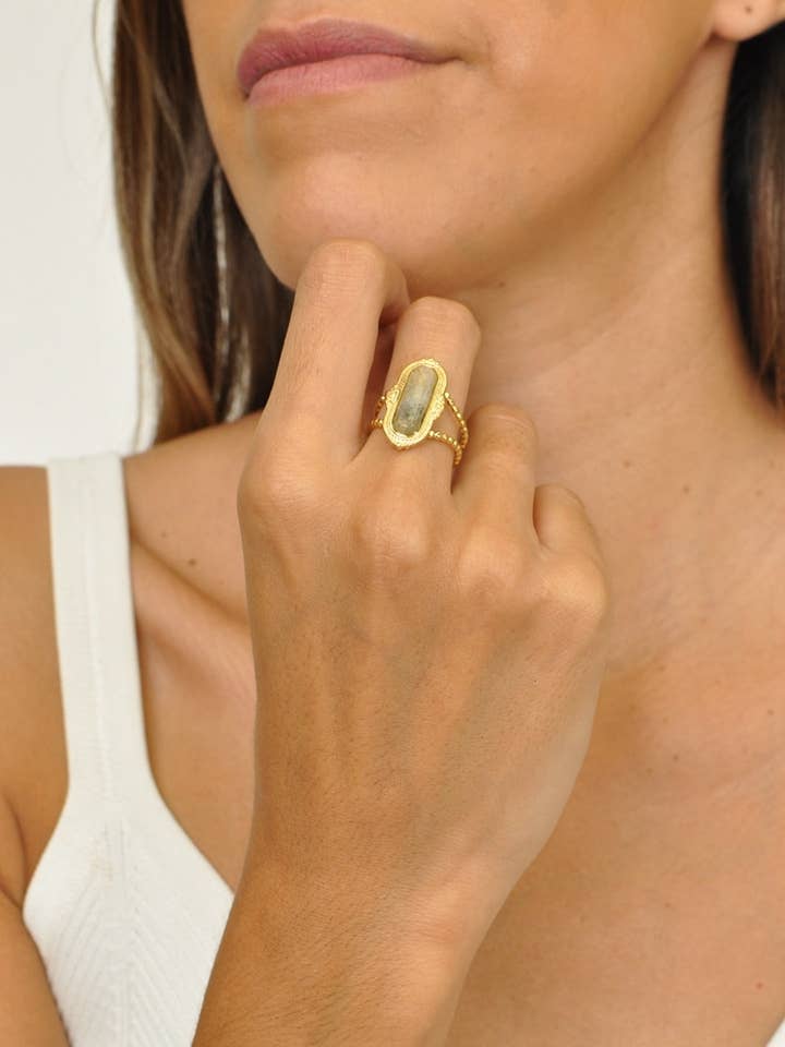 Adjustable Stainless Steel Ring With Oval Natural Stone for wholesale by Victoria Moda