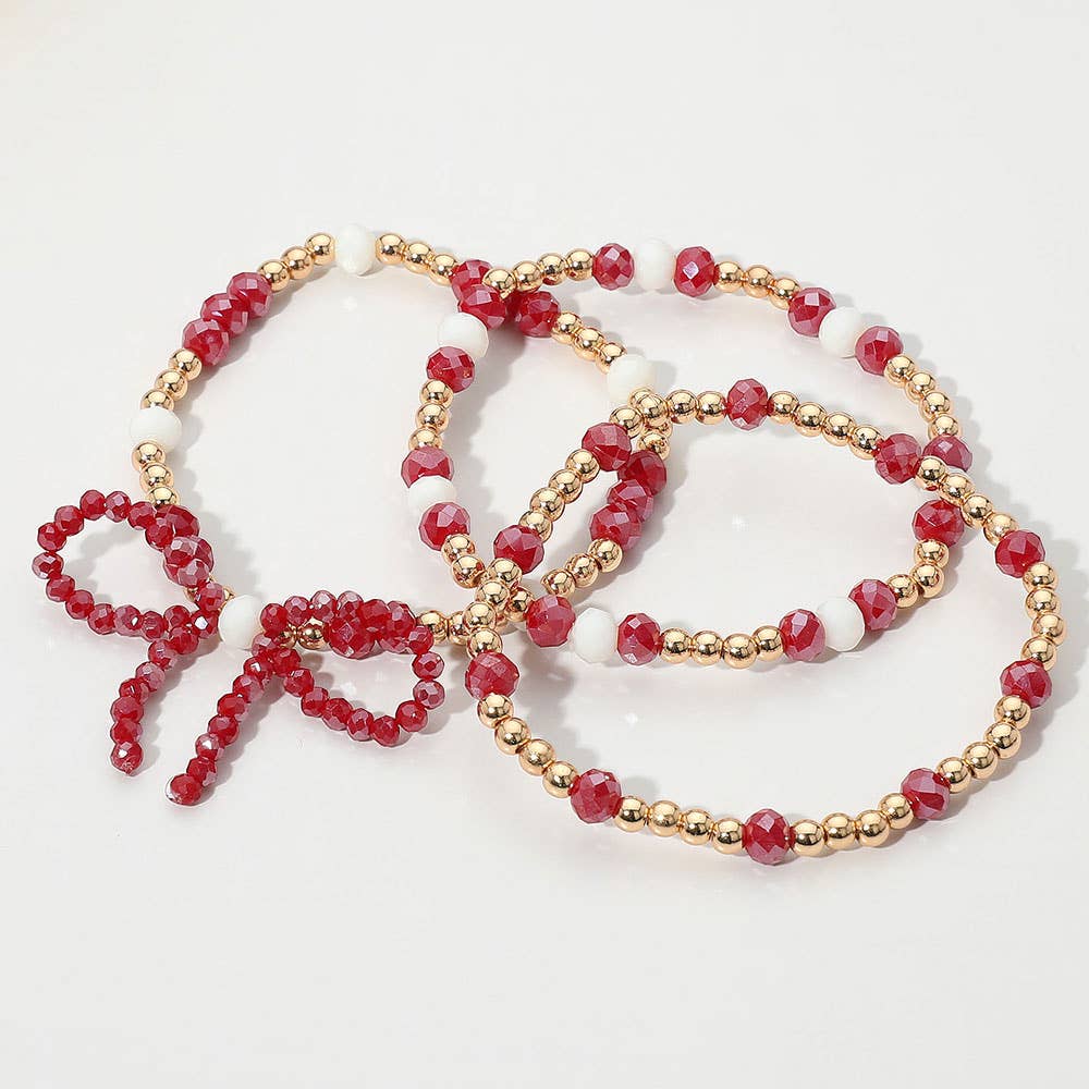 Sensibling Corp. - Wholesale Jewelry Set - 3PCS - Sports Team Theme Colored Bow Accent Faceted Beaded Stretch Multi Layered Bracelets4