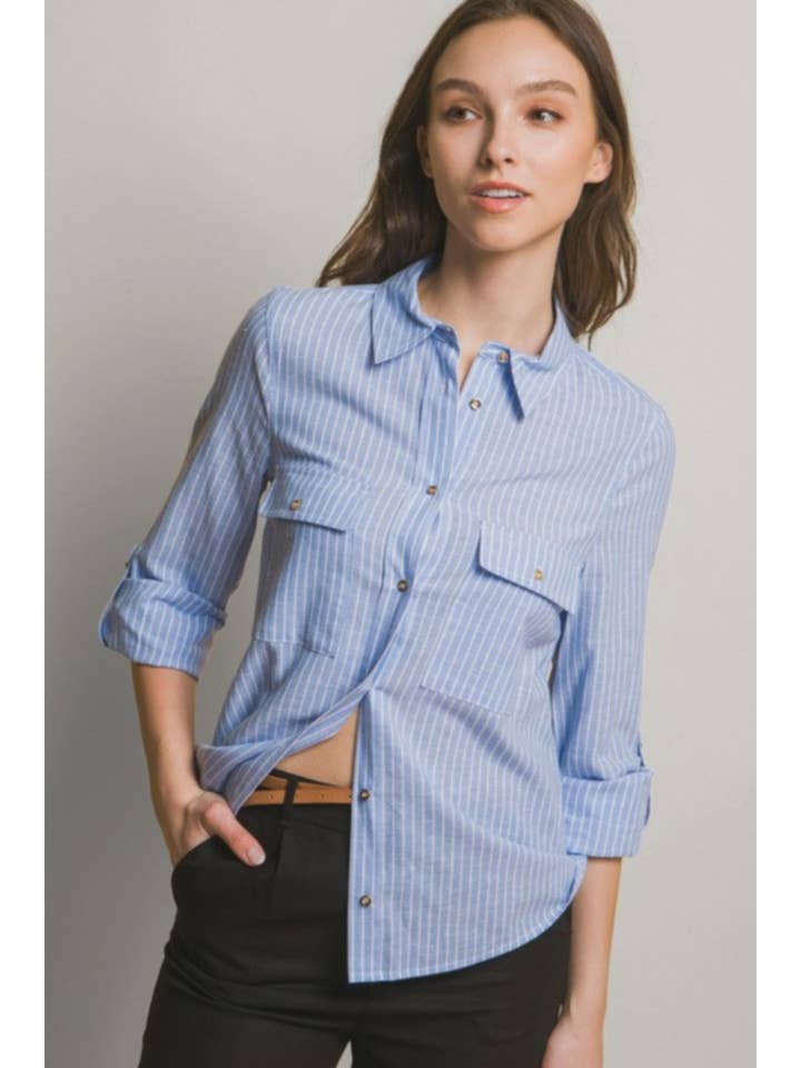 10323TN-Striped Button Down Long Sleeve Chest Pockets Shirt for wholesale by JBLA FASHION