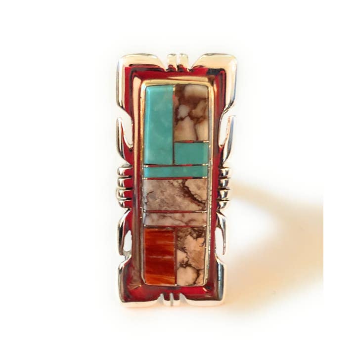 Nizhonitradersllc - Wholesale Cocktail/Statement Ring - Navajo Sterling Silver & Multi Stone Inlay Ring Size 7.75