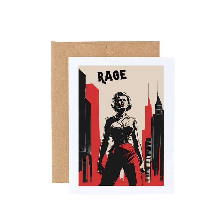 Art Deco Vintage Woman “Rage” Bookstore Greeting Card for wholesale by Cryptic Paper Co.