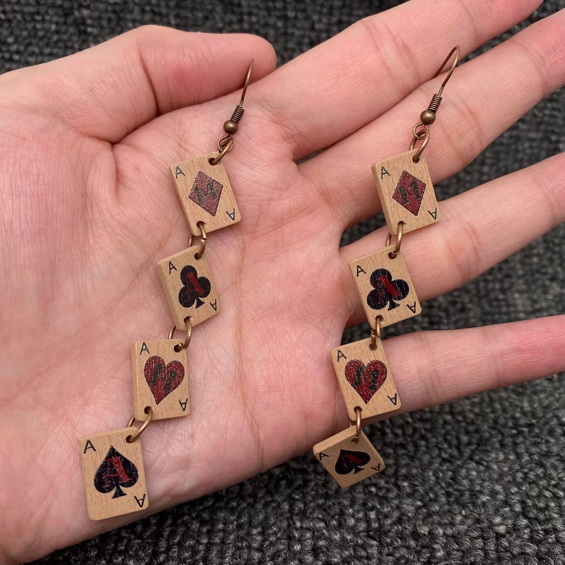 Mio Queena - Wholesale Dangle Earrings - MAMA Wooden Ace Poker Cards Linked Dangle Earrings1