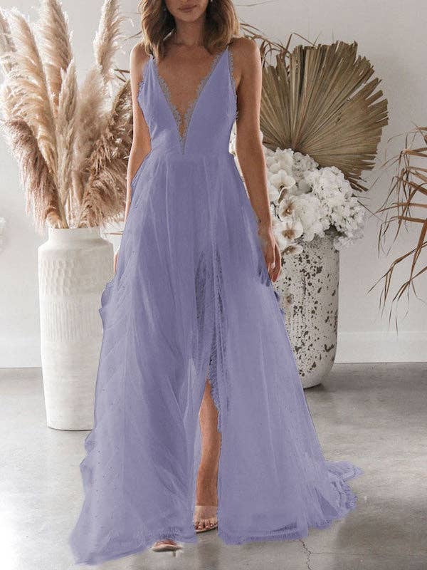 Plush Looks - Wholesale Dress - Women's - Wedding Deep V Neck Backless Lace Split Maxi Dress3