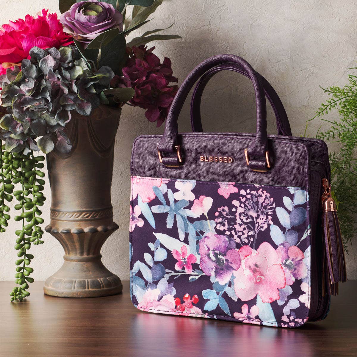 Christian Art Gifts - Wholesale Bible Cover - Blessed Purple Floral Faux Leather Purse-style Bible Cover6