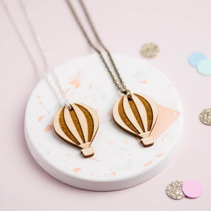 Wooden Hot Air Balloon Necklace for wholesale by Ginger Pickle