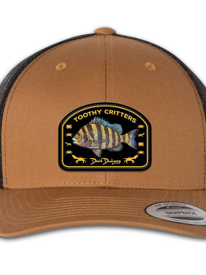 Sheepshead Toothy Critters 6 Panel Trucker Snap Back Caramel Black Hat for wholesale by David Dunleavy