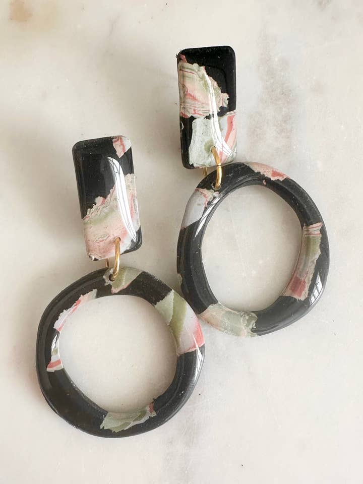 Black and Terrazzo Hoops| Clay earrings for wholesale by Ash + Clay
