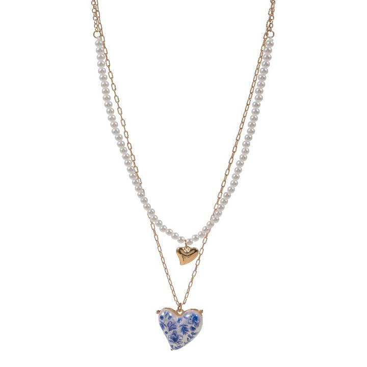 Designature New York - Wholesale Pendant/Charm Necklace - Valentine Heart Pearl W Flower 2 Layered Necklace2