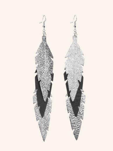 Feathers Midi Trio Silver-Black Leather Dangle Earrings for wholesale by Viaminnet