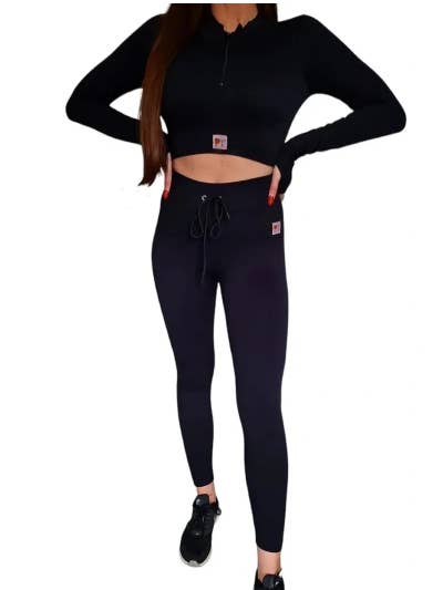 Top corto de canalé con media cremallera y manga larga negro para venta al por mayor de Peach Treats Gymwear