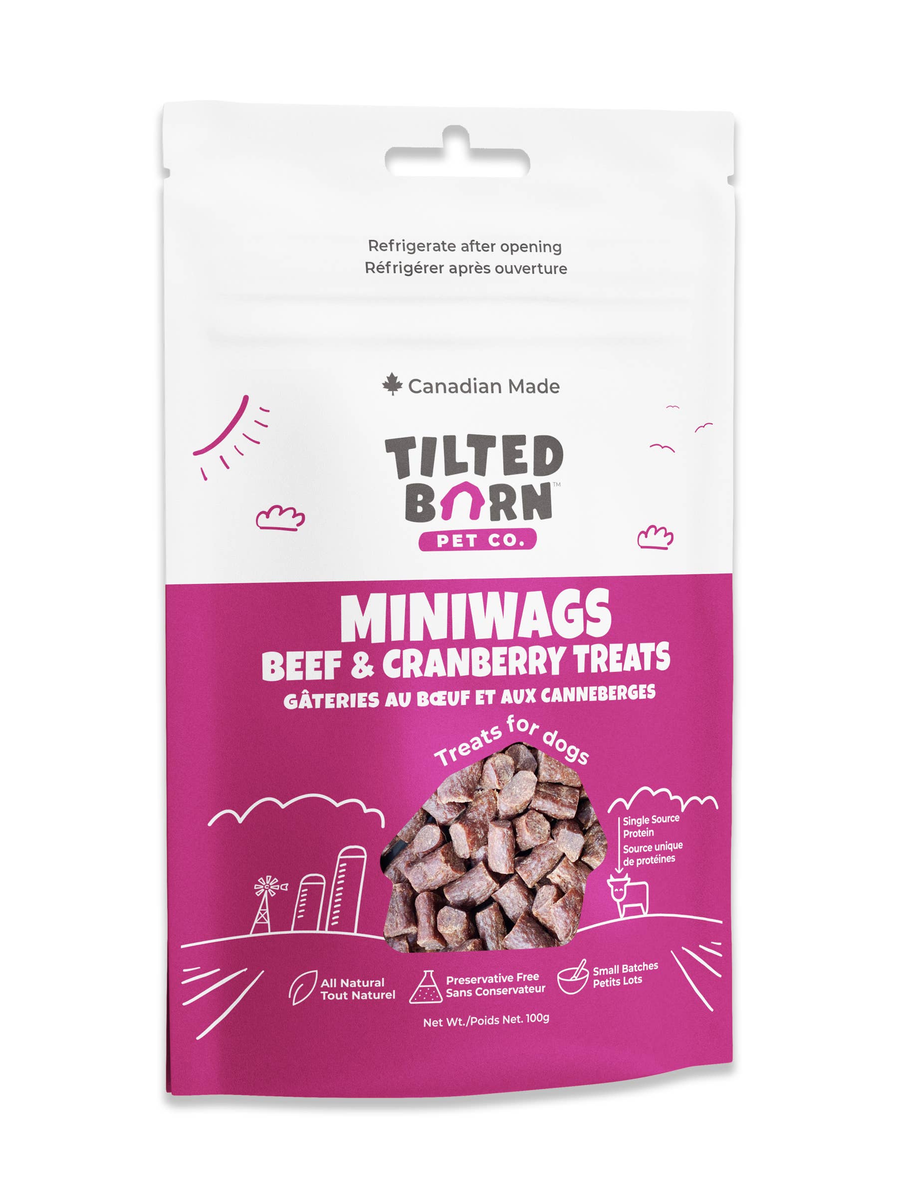 Tilted Barn Pet Co. - Wholesale Pet Treats - Dog - Beef and Cranberry Miniwags 100g/3.53oz Treats For Dogs