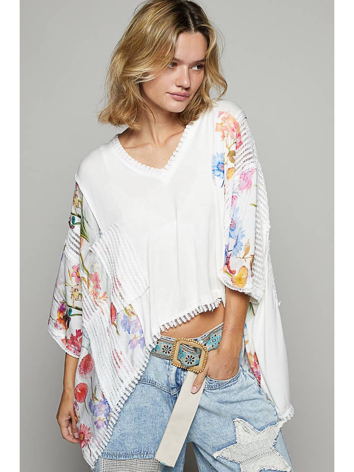 Pol Clothing - Wholesale Knit Top - Women's - V-neck drop shoulder print fabric contrast knit top SALE