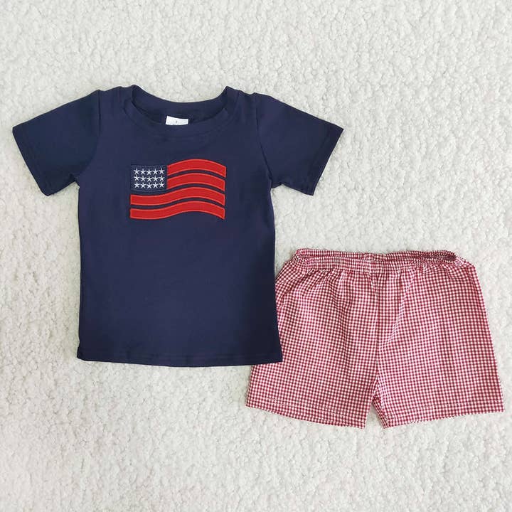 Ensembles de shorts brodés du drapeau du 4 juillet pour garçons pour la vente par Aier Wholesale