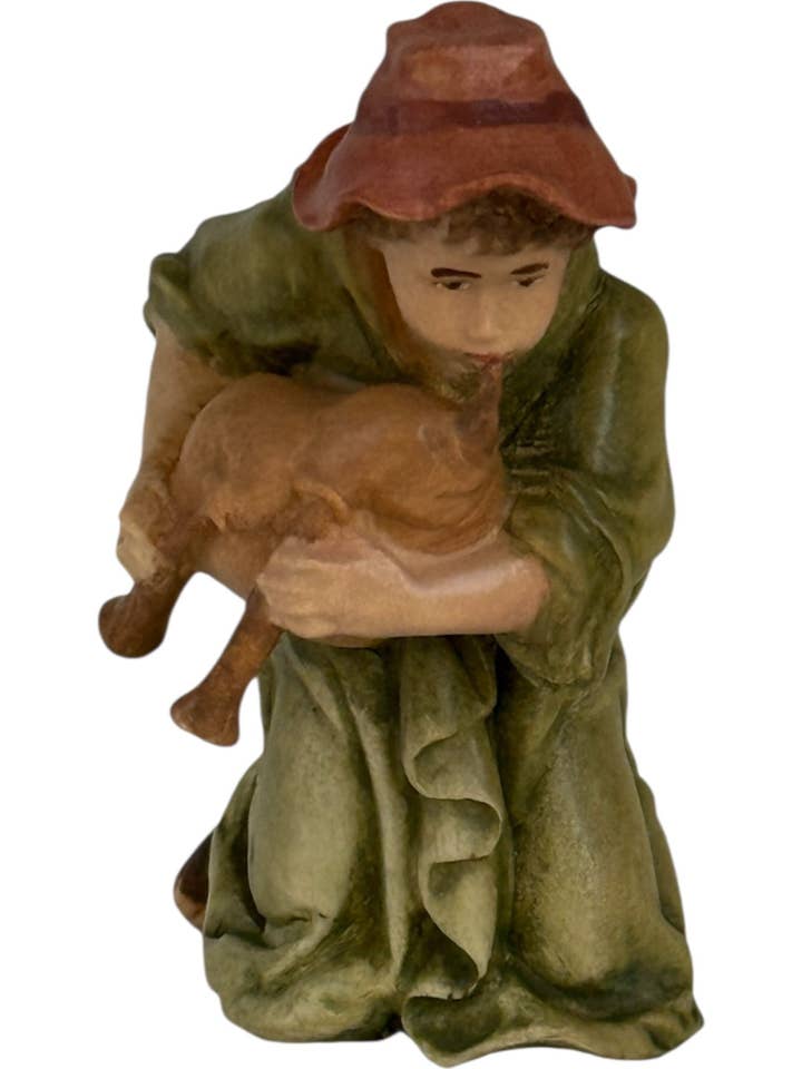 Kneeling Shepherd with Bagpipe - Wooden Sculpture from Val Gardena for wholesale by Dolfi