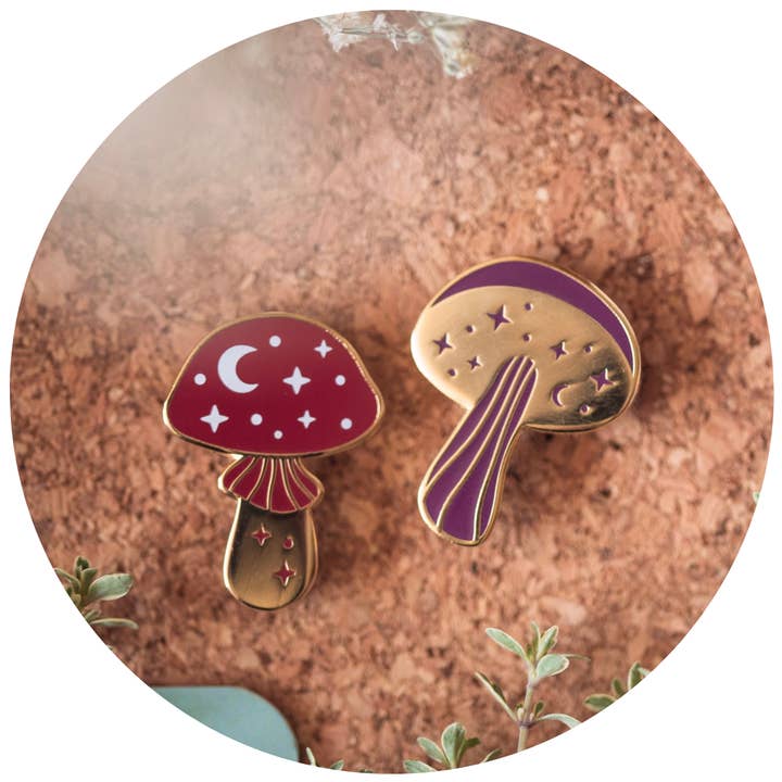 MINI MUSHROOMS ENAMEL PIN DUO SET, PURPLE, RED AND GOLD for wholesale by CLEOMAGICK