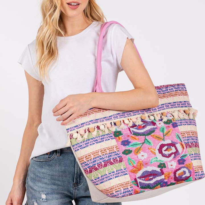 MiMi Wholesale - Wholesale Tote Bag - Women's - MB0308 Boho Print Pom Pom Fringe Tote Bag1