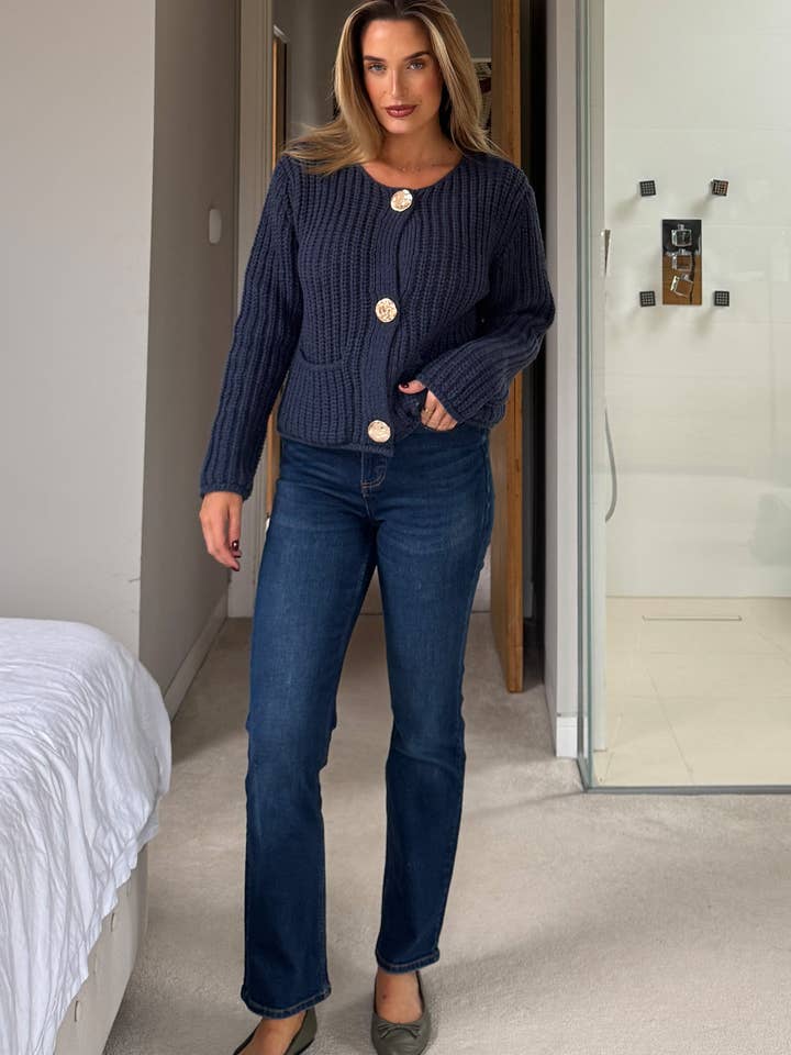 Cardigã de Malha Grossa Kelbie Azul Marinho por atacado de Girl in mind