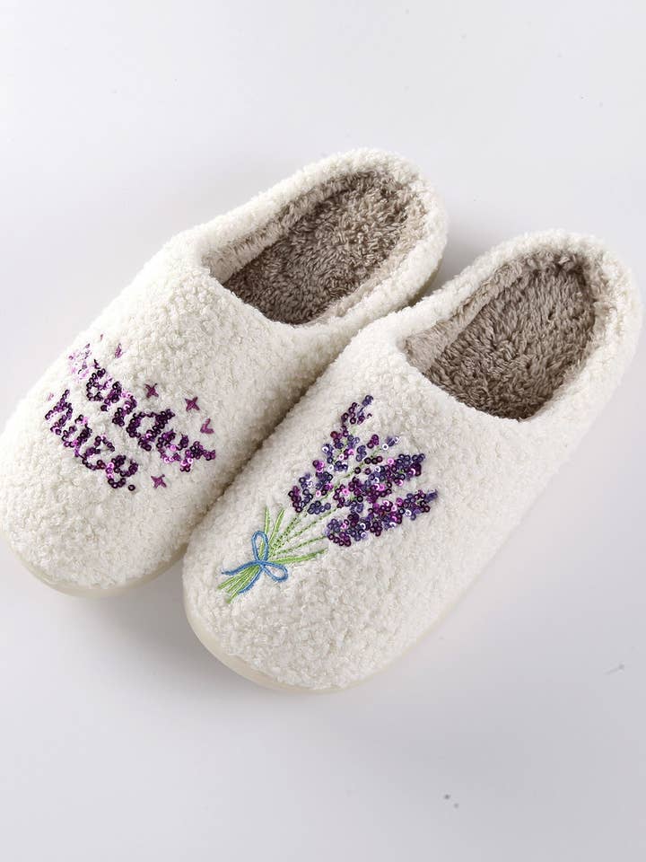Weavey Studio - Wholesale Slippers - Women's - Adult Lavender flower fluffy Slippers, soft fleece warm shoe