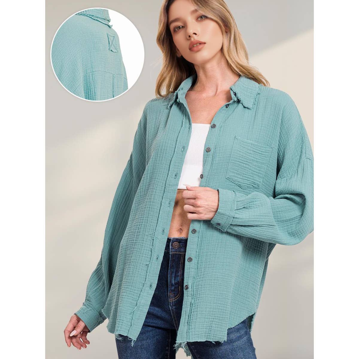 42POPS - Wholesale Button Down Shirt - Women's - `.Oversized Raw Edge Shirt W/ Back Patch16