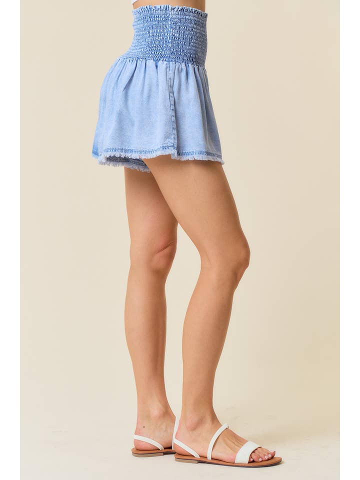 Doe and Rae - Wholesale Shorts - Women's - TENCEL DENIM SMOCKED WAIST WIDE LEG SHORT - 8764P