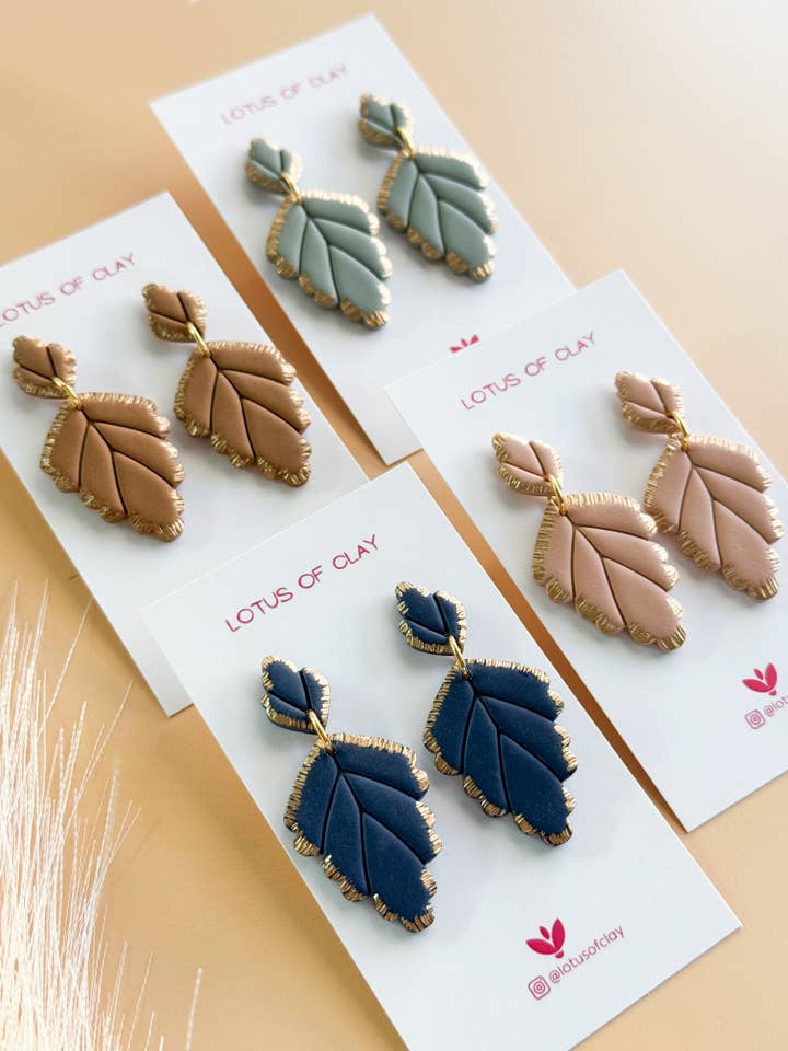 Leaf teardrop statement earrings, navy blue, sage green for wholesale by Lotus of clay