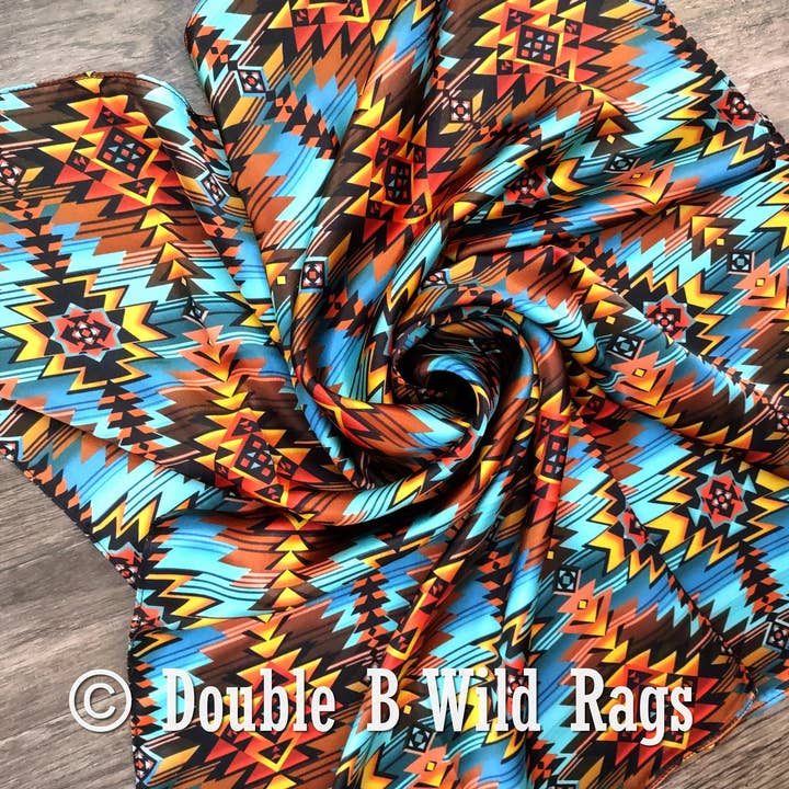 Wilde Sjaal 100% Zijde Turquoise en Oranje Zonsondergang Cowboy Western Necksjaal Bandana van Double B Wild Rags voor wholesale door Double B Wild Rags