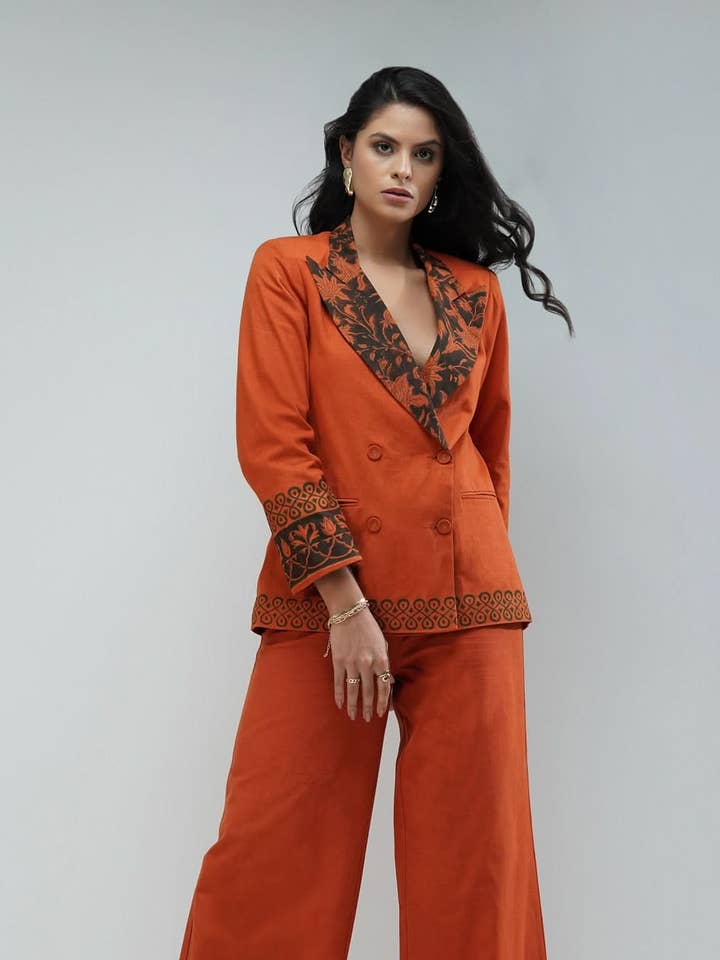 Nesavaali Rust Oversized Double-Breasted Blazer for wholesale by Nesavaali Ltd