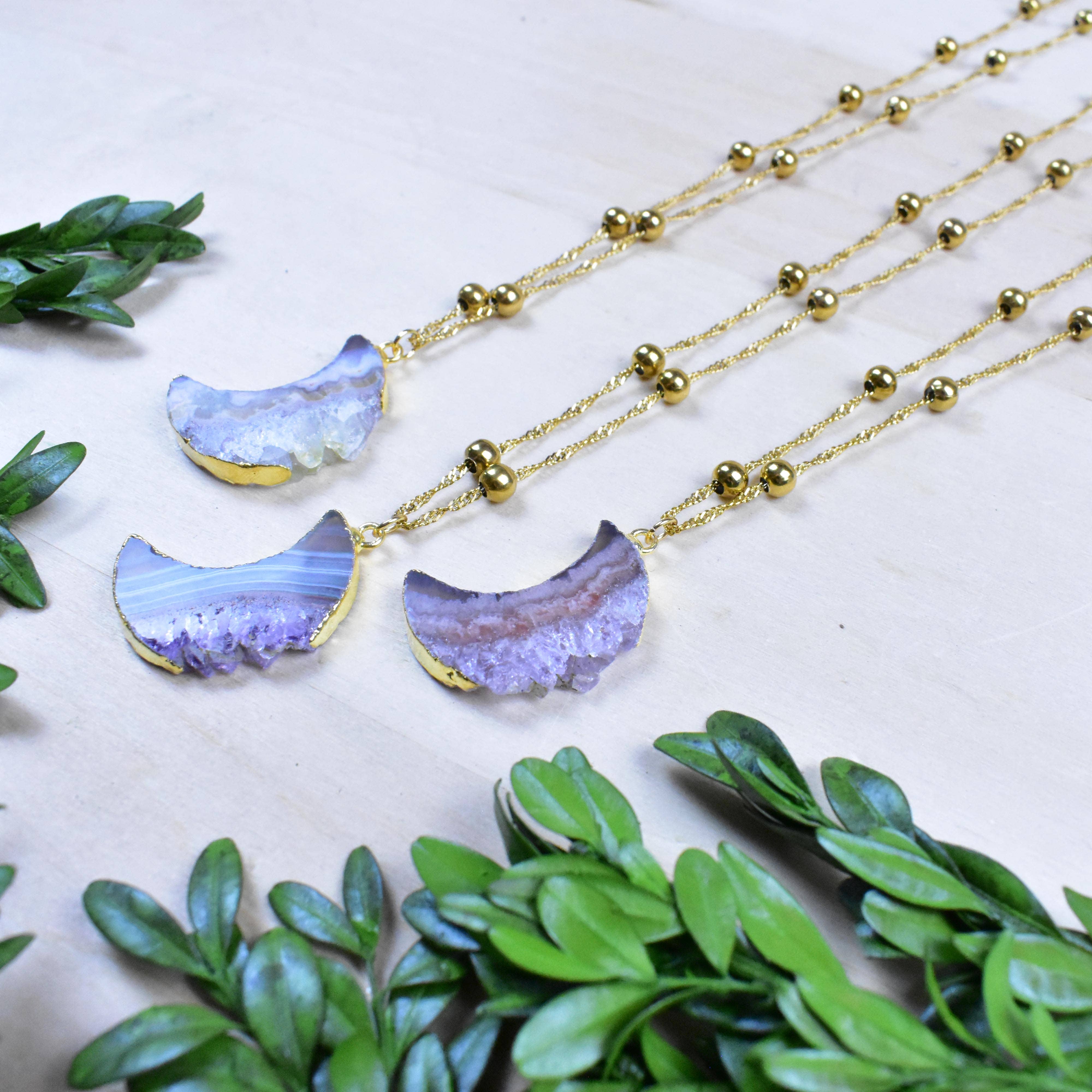 Ewelina Pas Jewelry - Wholesale Pendant/Charm Necklace - Gold Crescent Moon Amethyst Slice Necklace6