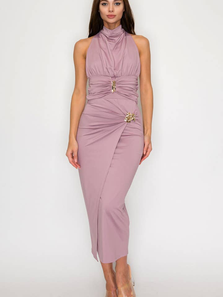 BT6364-SET_Metal Accent Halter Neck Top & Midi Skirt Set for wholesale by Her Bottari