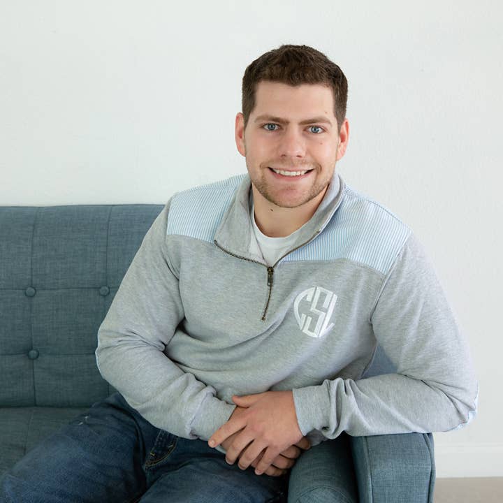 Love That Cotton - Wholesale Sweatshirt – Men's - Adult Miller Pullover - Grey with Blue Seersucker