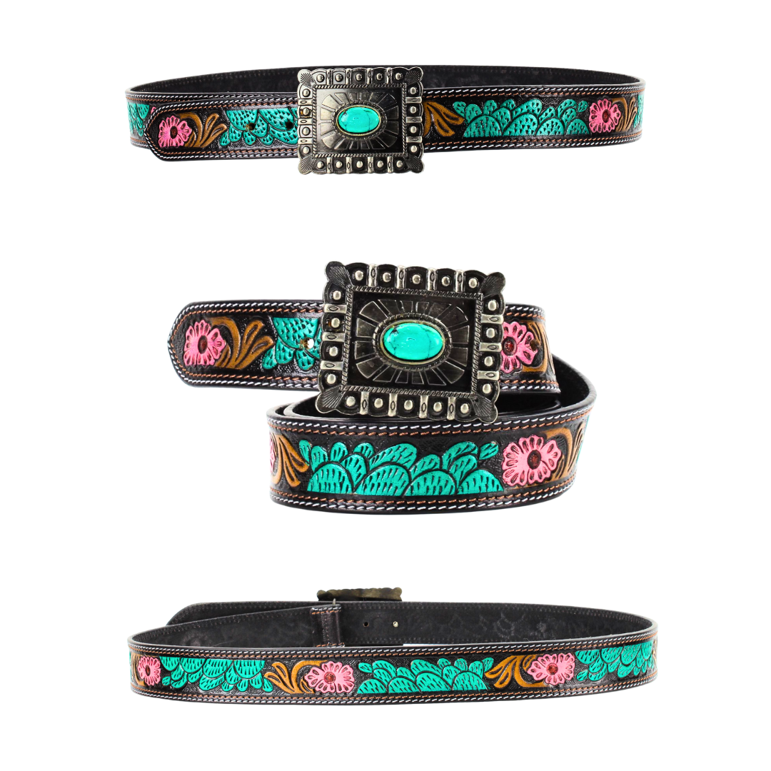 Leather Impressions Inc - Wholesale Belt - Women's - Turquoise and Pink Tooled Leather Belt 7Pc Prepack ABBWST 413