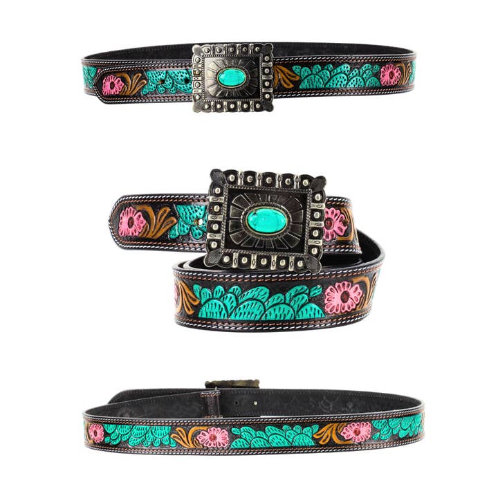 Leather Impressions Inc - Wholesale Belt - Women's - Turquoise and Pink Tooled Leather Belt 7Pc Prepack ABBWST 413