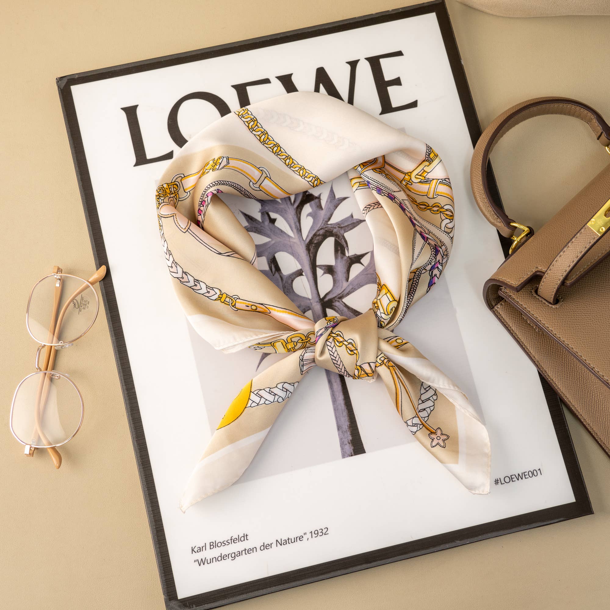 COSMOS - Wholesale Scarf - Women's - Equestrian Square Scarf 70x70 Satin Cream Silk Touch