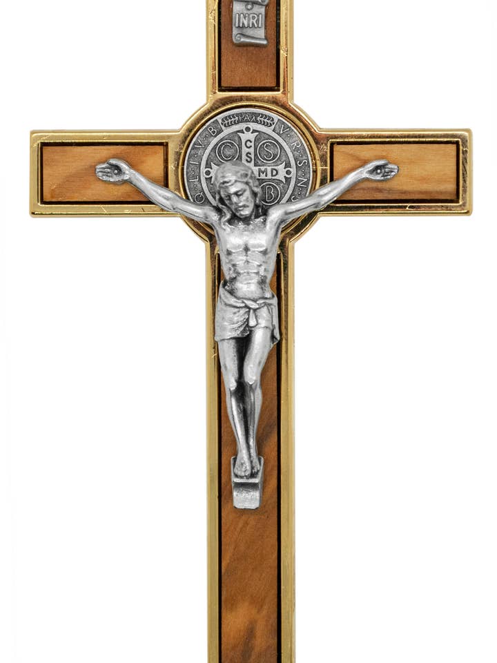 5.25" St. Benedict Crucifix with Olive Wood Inlays for wholesale by Village Gift Importers
