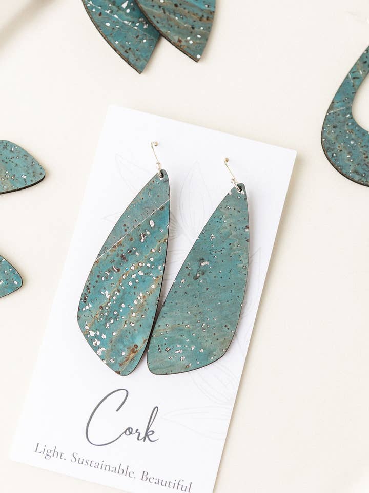 Sea Blue Cork Earrings - Large Wing for wholesale by Hello Lovely Cork Co.
