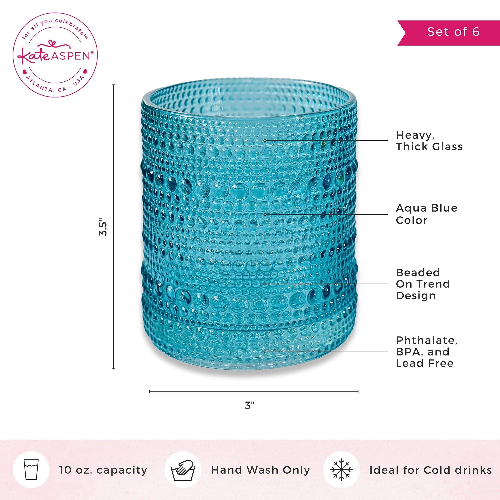 Kate Aspen - Vente Verres à cocktail/alcool - Verre Aqua perlé texturé de 10 oz (ensemble de 6)5