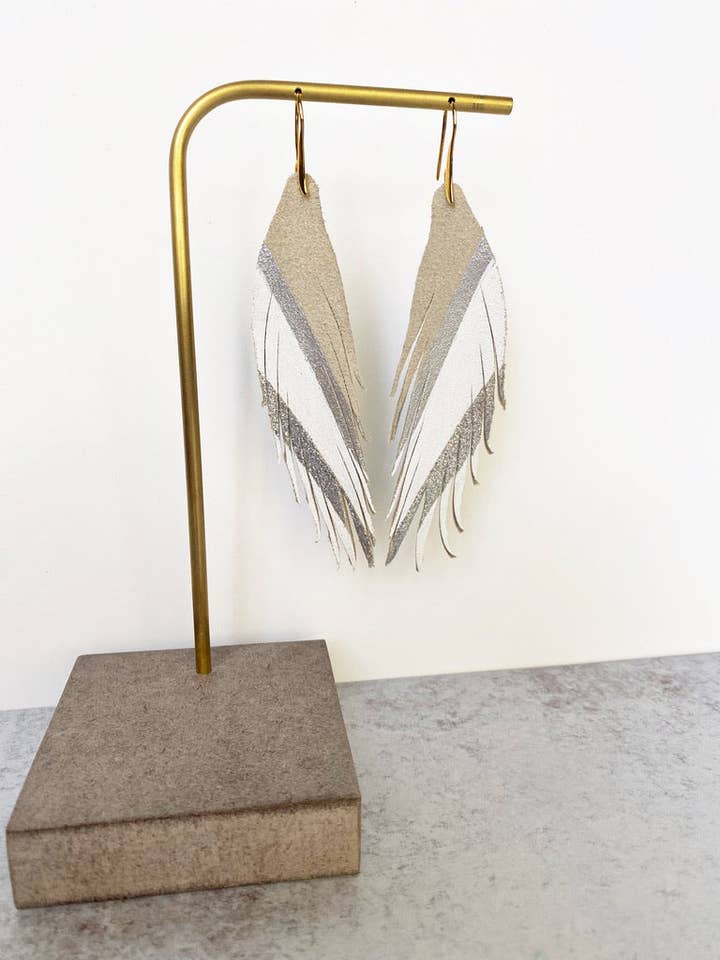 Diagonal Stripe Leather Earrings - White Silver for wholesale by The Supply Society