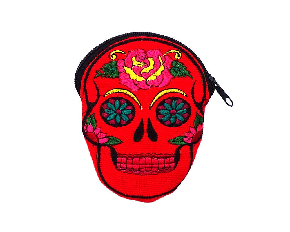 Pichincha - Wholesale Coin Purse - Women's - Sugar Skull Face Embroidered Floral Suede Coin Purse Pouch2