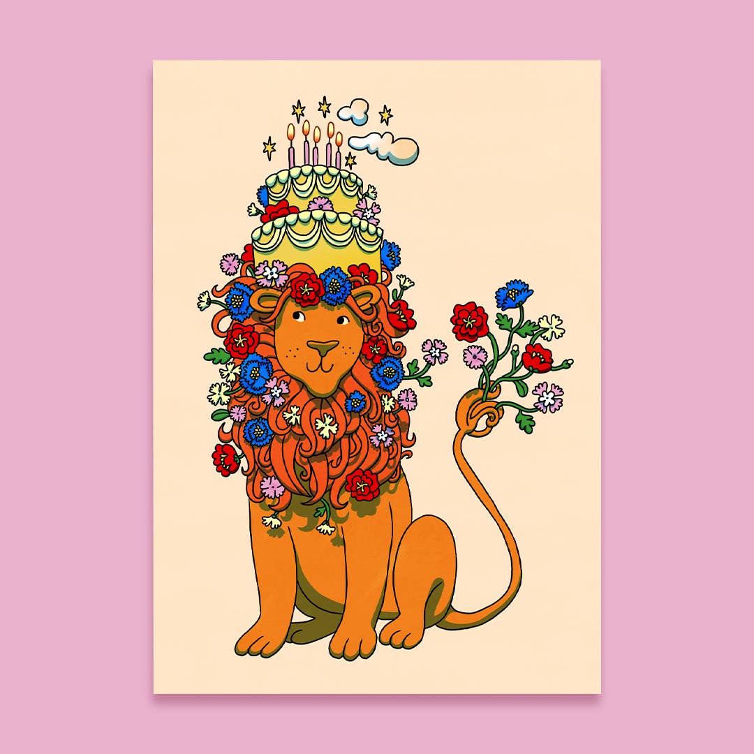 Lise Goossens illustration - Wholesale Birthday Card - Cute lion birthday card with flowers0