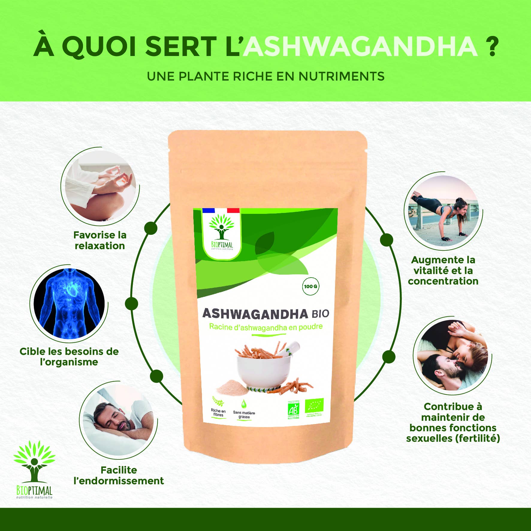 Bioptimal – Proteína/Superalimento em pó por atacado – Pó orgânico de ashwagandha - Embalado na França - Vegano3