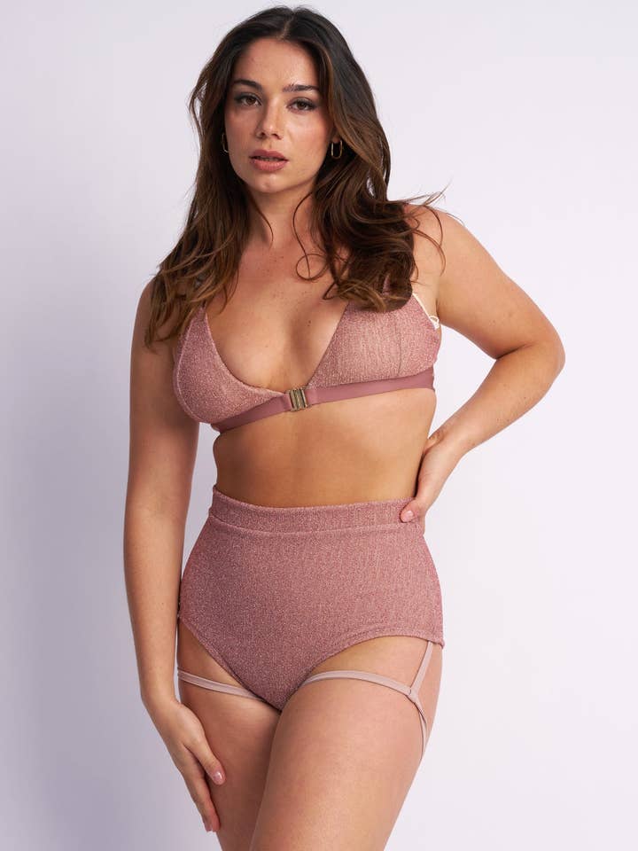 Lure You High Waisted Garter Shorts Rose Gold Shimmer for wholesale on Faire1