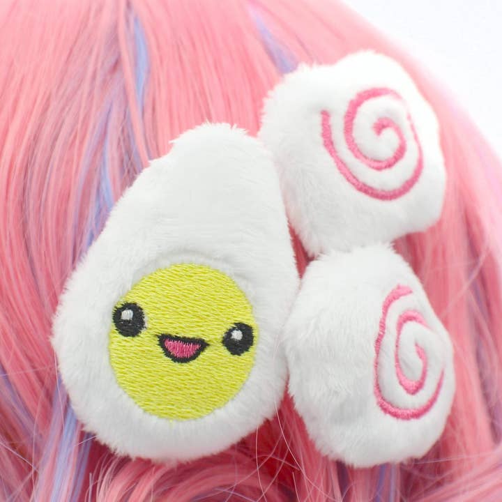 Kawaii Ramen Egg And Narutomaki Plush Hair Clips for wholesale by Kawaii Hair Candy