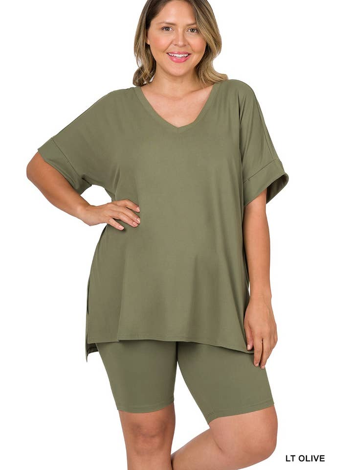 Vanilla Monkey - Wholesale Top & Pant Set (NOT Loungewear) - Women's - Plus Brushed Dty Microfiber V-neck Top And Biker21