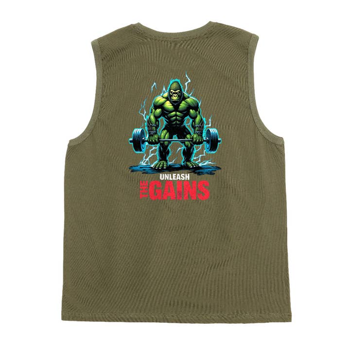 Sorta Fit Sorta Fat Unleash the Gains Tank for wholesale by Kris Bee Bacon