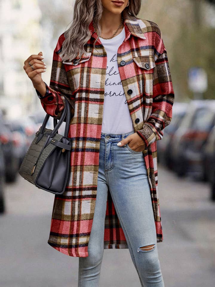 eLook - Vente Manteau – femme - Manteau long boutonné à carreaux SZ1-JK821152